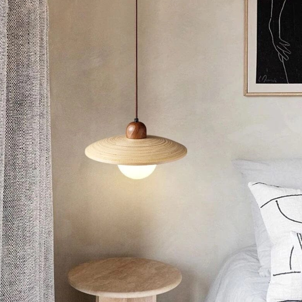 Wabi-Sabi Travertine Style Pendant Light with Solid Wood - Modern Earthy Decor