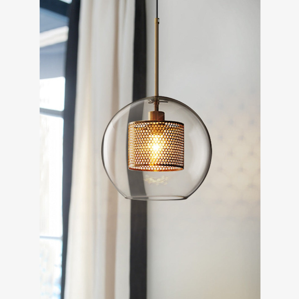 Modern Perforated Metal Glass Pendant - Industrial Layered Mesh Hanging Lamp