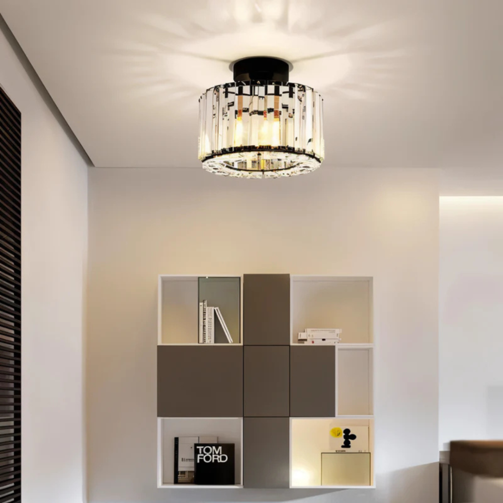 Cylindrical Crystal Flush Mount Light with Glass Prisms - Modern Art Deco