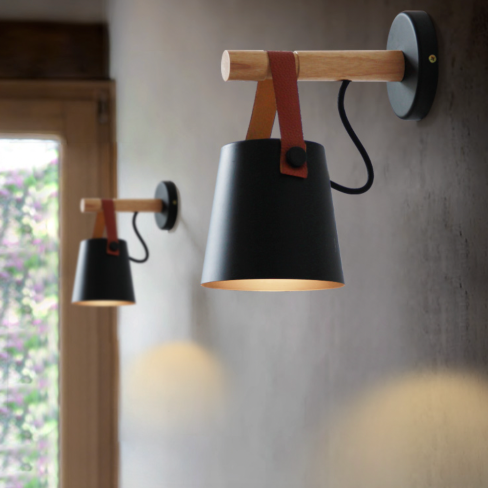 Nordic Leather Strap Wall Sconce with Wood Arm - Modern Conical Hanging Light
