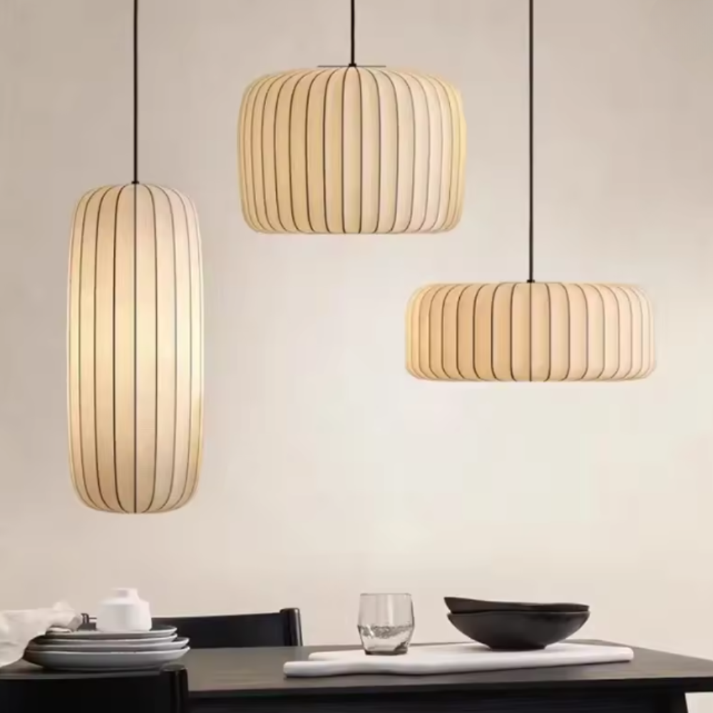 Pendant Light with Pleated Fabric Shade - Modern Mid Century Hanging