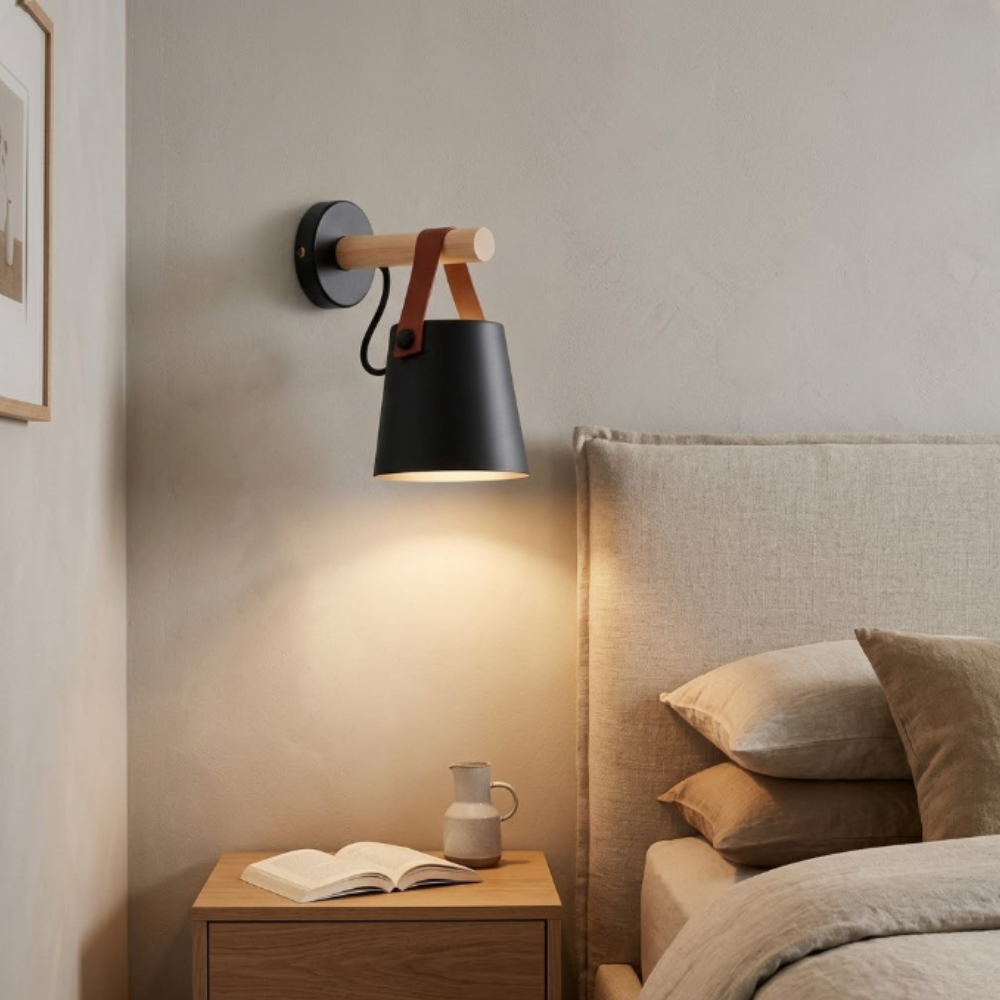 Nordic Leather Strap Wall Sconce with Wood Arm - Modern Conical Hanging Light