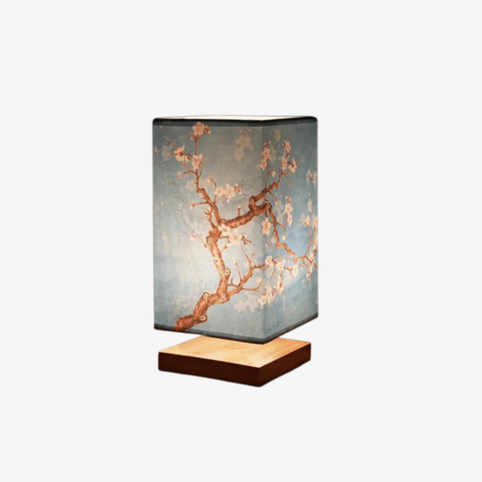 Asian-Inspired Fabric Box Light with Wood Base - Artistic Floral Accent Lamp