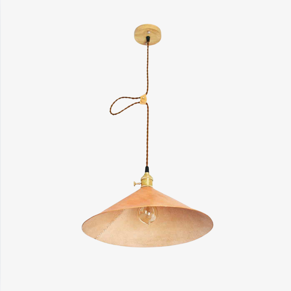 Modern Calf Leather Cone Pendant Light - Hand-Stitched Artisanal Hanging Lamp