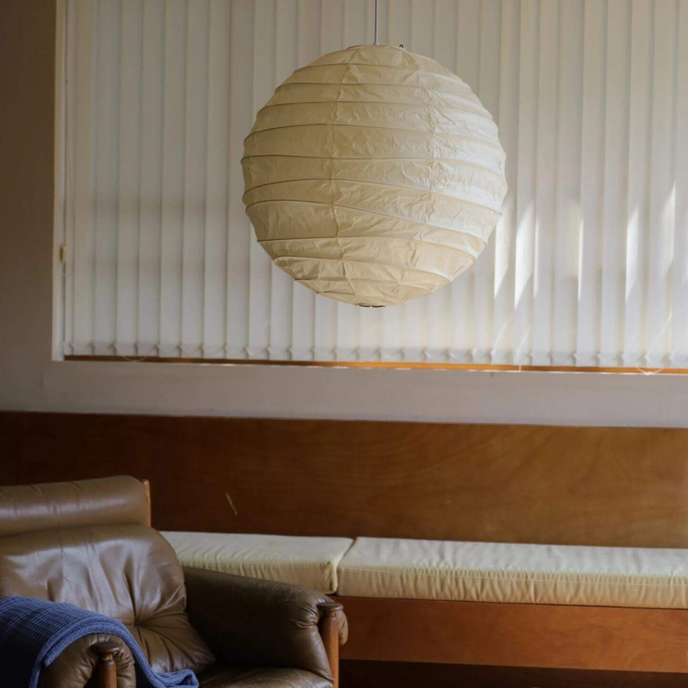 Spherical Ribbed Paper Hanging Fixture - Mid Century Modern Zen Style