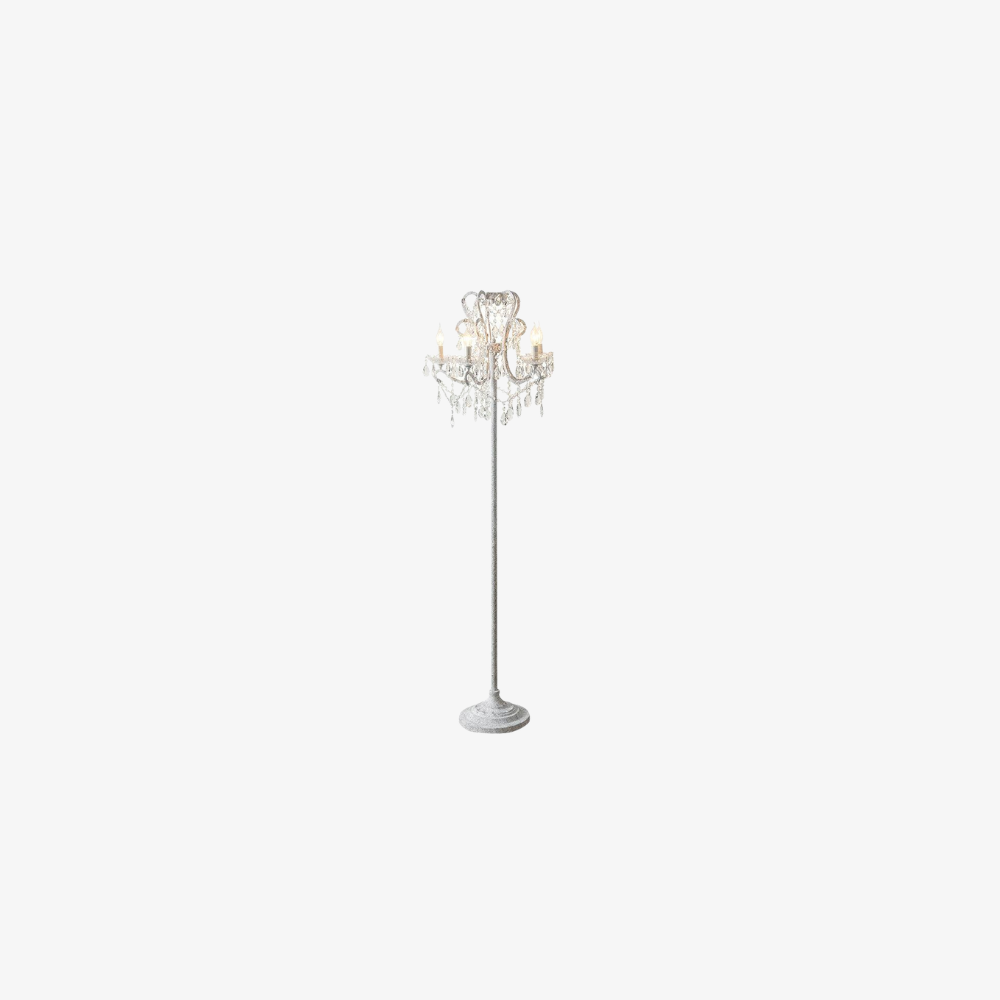 Dimmable Floor Lamp with Ornate Iron Scrollwork and Faceted Crystal Strands