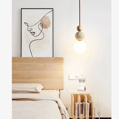 Wabi-Sabi Stacked Sphere Pendant Light - Travertine Stone, Wood, and Glass