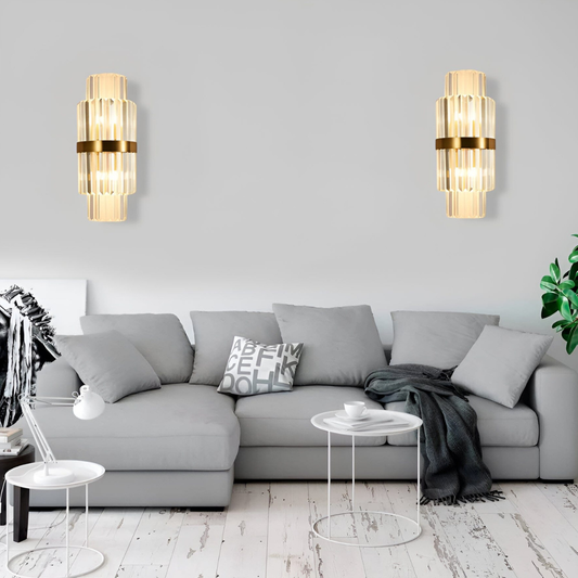 Tiered Crystal Prism Wall Sconce with Metallic Band - Art Deco Style