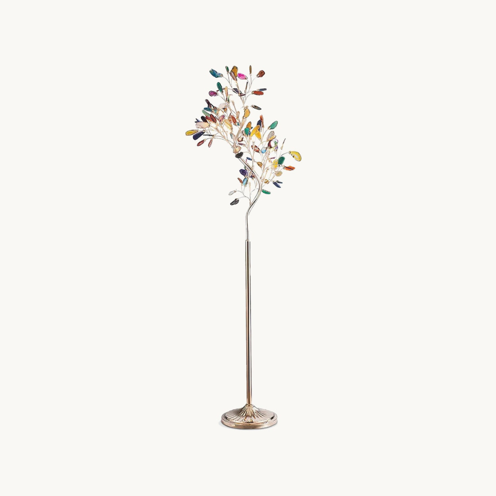Floor Lamp with Natural Agate Stone Leaves and Metal Branching Frame