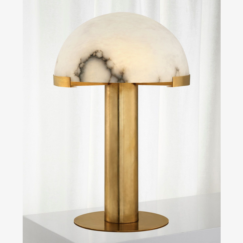 Glass and Alabaster Dome Table Lamp with Metal Base - Mid Century Modern