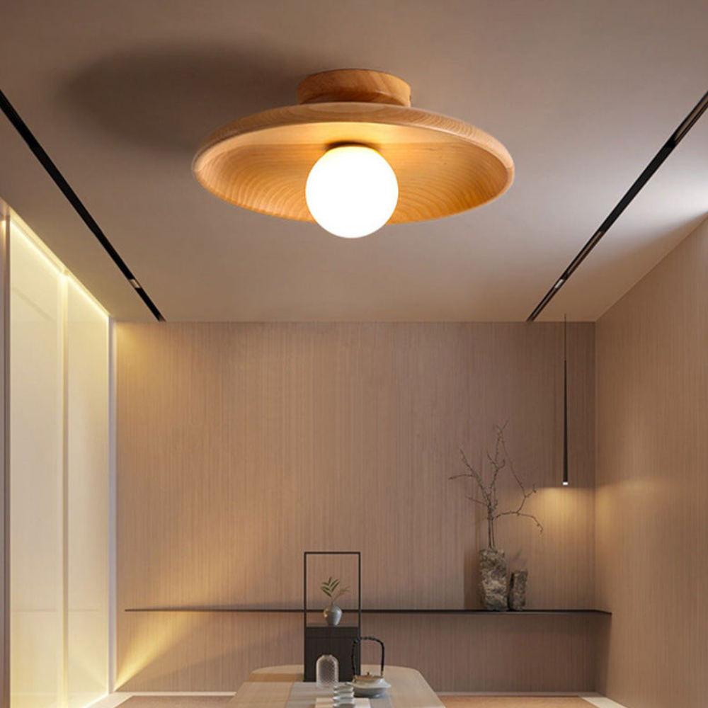 Flush Mount Ceiling Light with Wood Shade - Modern Scandinavian LED