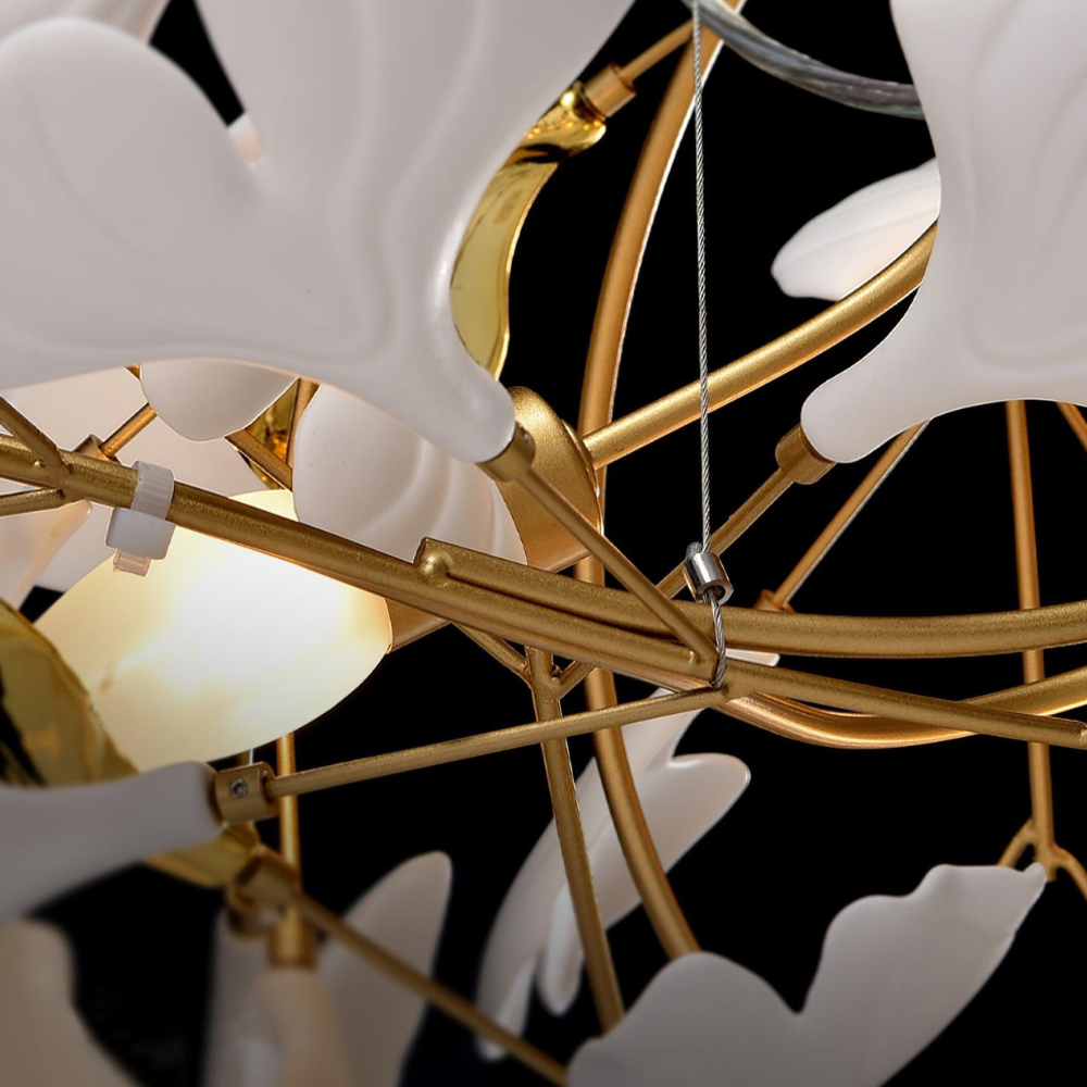 Sputnik Chandelier with Ceramic Ginkgo Leaves - Modern Art Deco