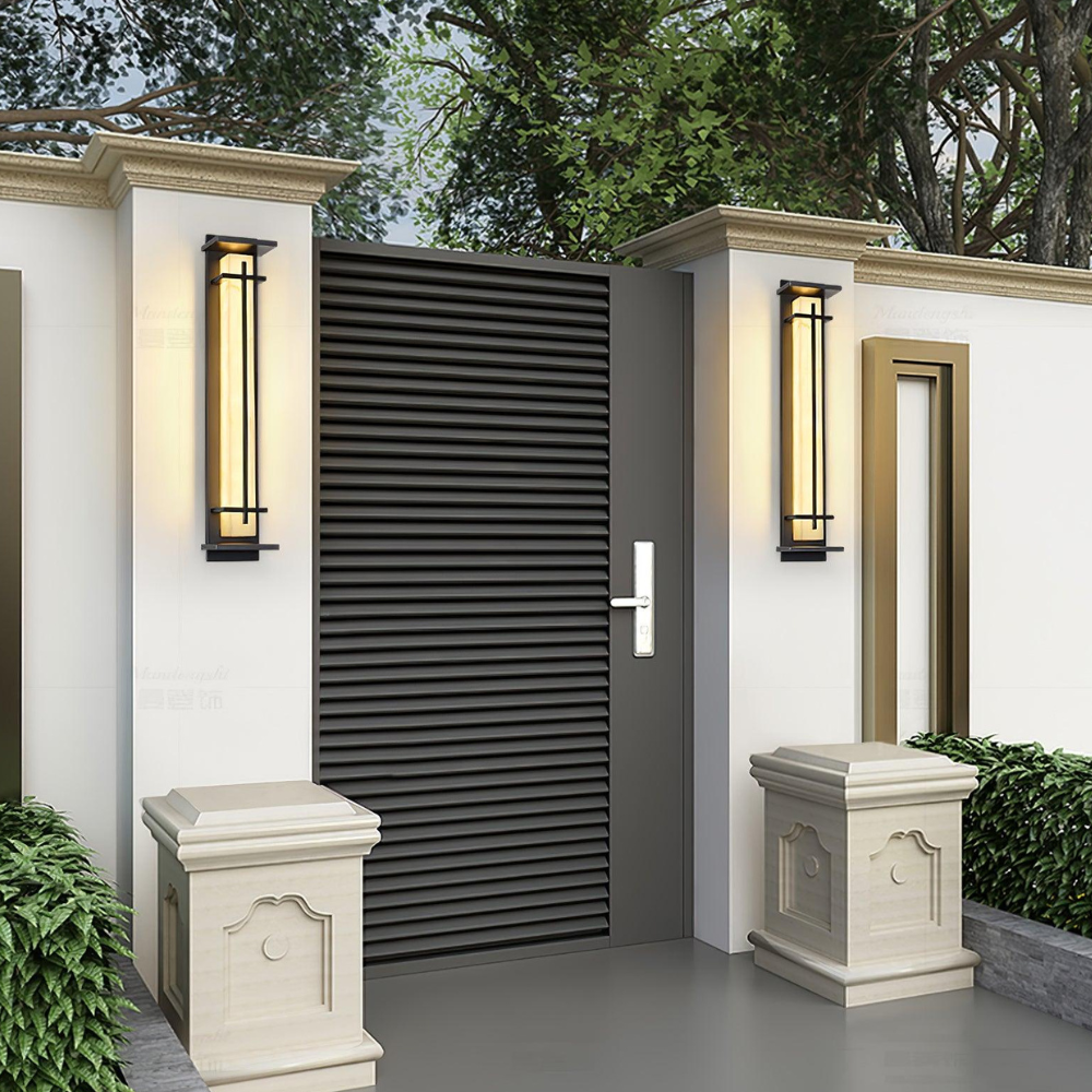 Outdoor LED Porch Lights with Faux Alabaster Column - Modern Mission
