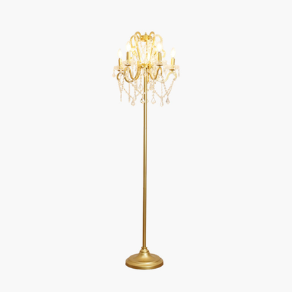 Dimmable Floor Lamp with Ornate Iron Scrollwork and Faceted Crystal Strands