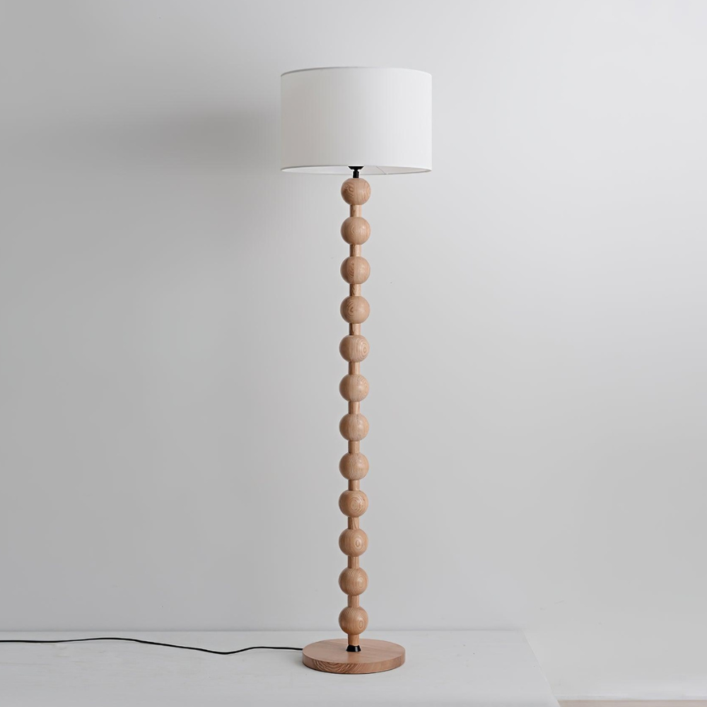 Floor Lamp with Stacked Wooden Spheres and Fabric Drum Shade