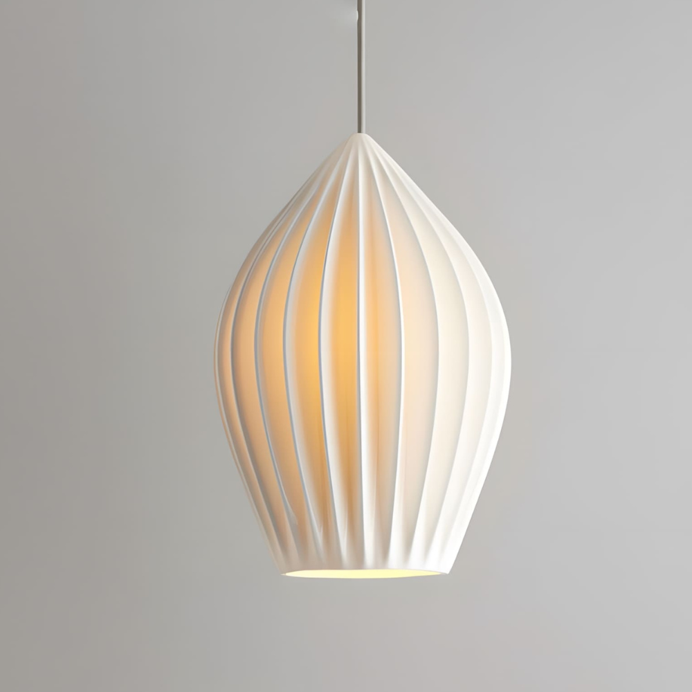 Ceramic Pendant Light with Ribbed Teardrop Shade - Modern Coastal