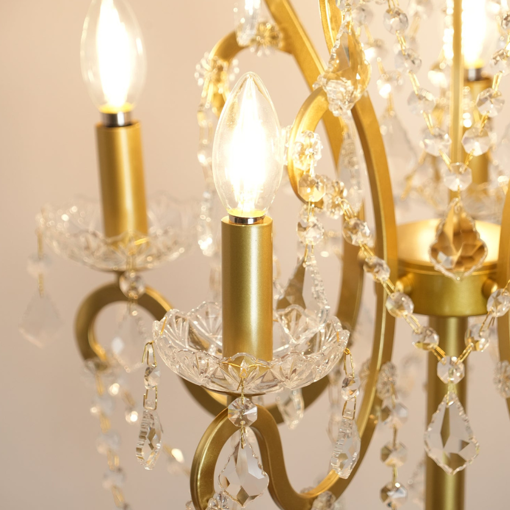 Dimmable Floor Lamp with Ornate Iron Scrollwork and Faceted Crystal Strands