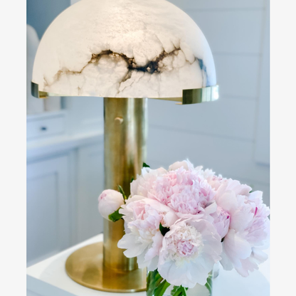 Glass and Alabaster Dome Table Lamp with Metal Base - Mid Century Modern