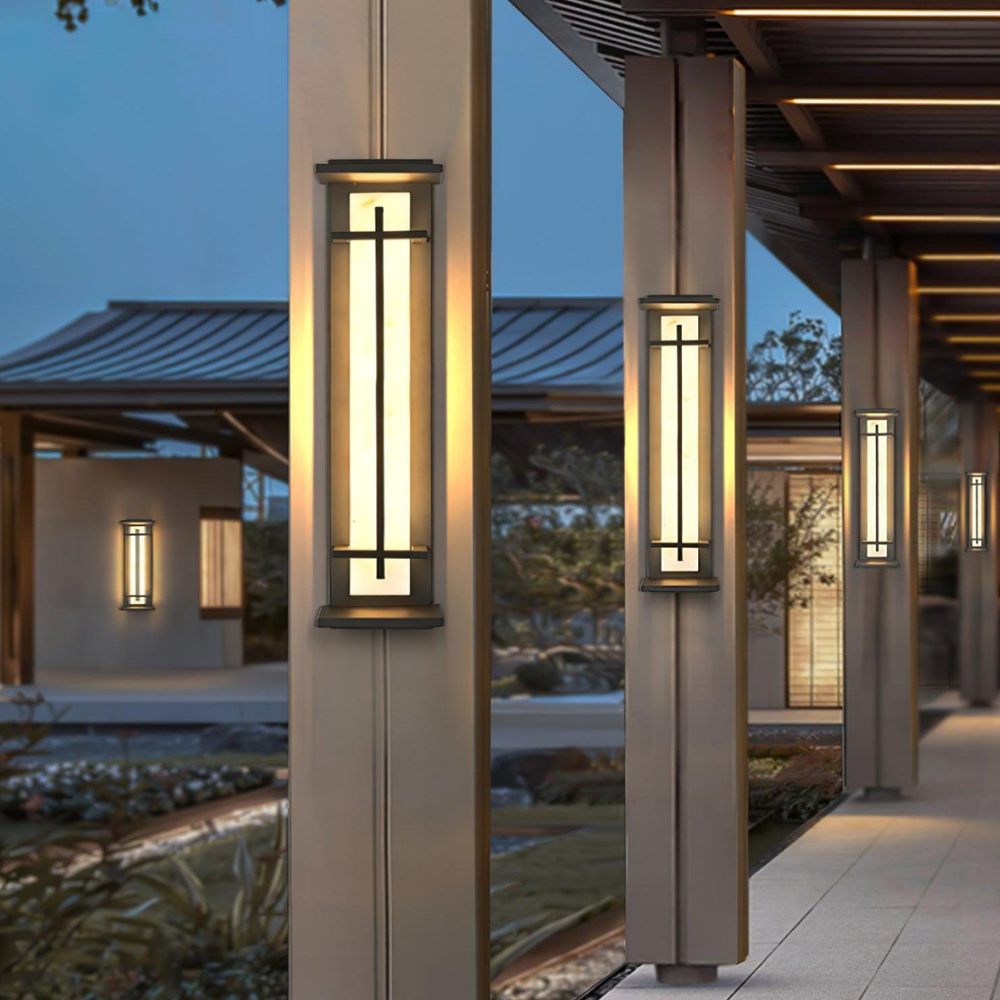 Outdoor LED Porch Lights with Faux Alabaster Column - Modern Mission
