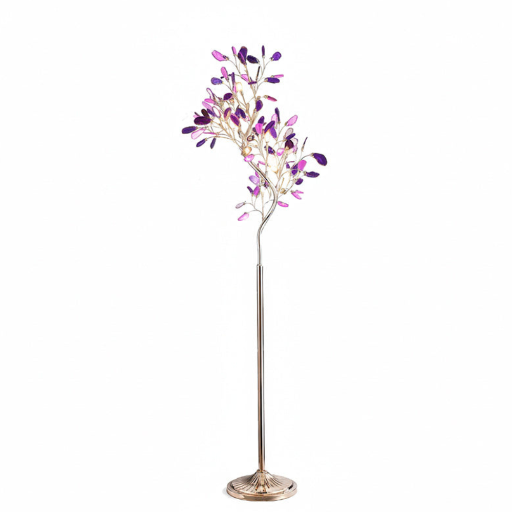 Floor Lamp with Natural Agate Stone Leaves and Metal Branching Frame