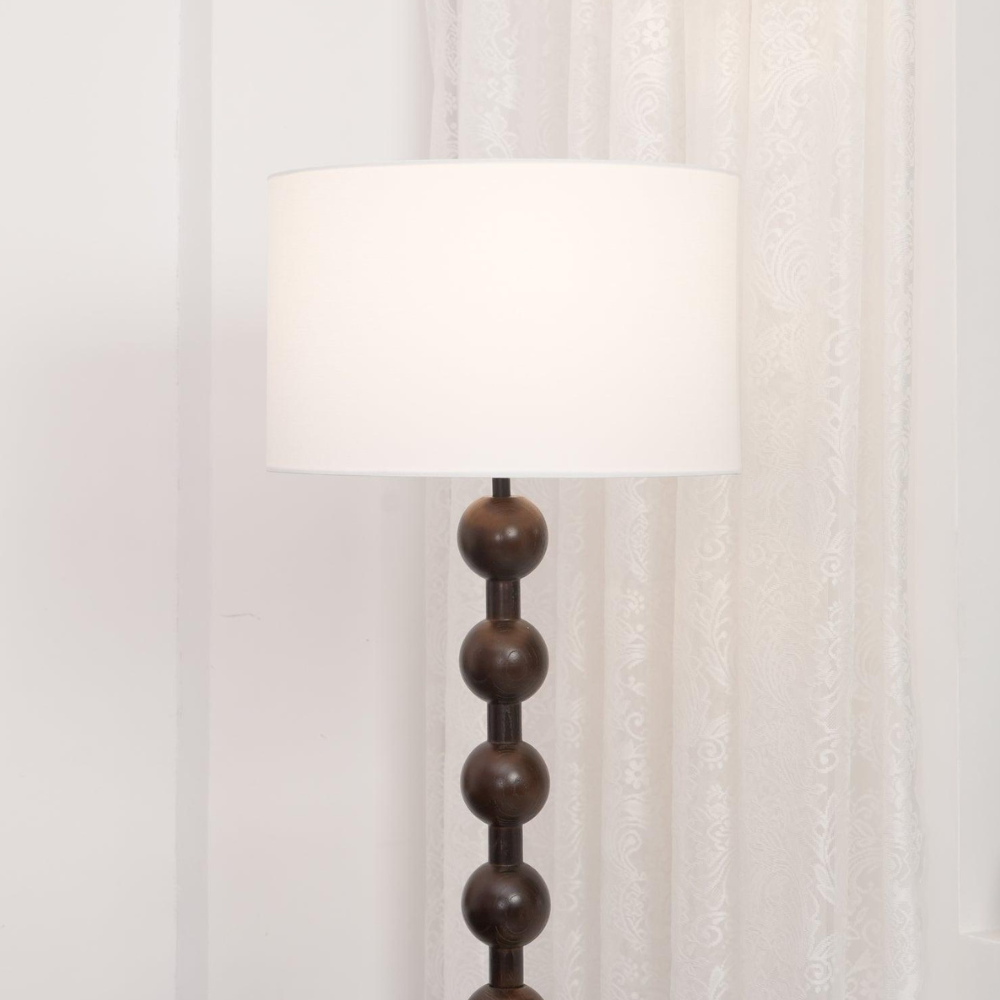 Floor Lamp with Stacked Wooden Spheres and Fabric Drum Shade