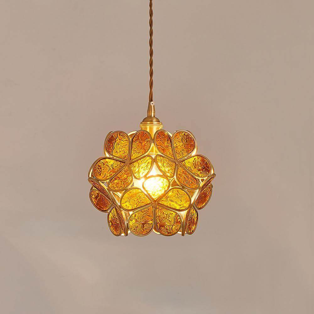 Floral Glass Hanging Lamp with Brass Hardware - Vintage Modern Art