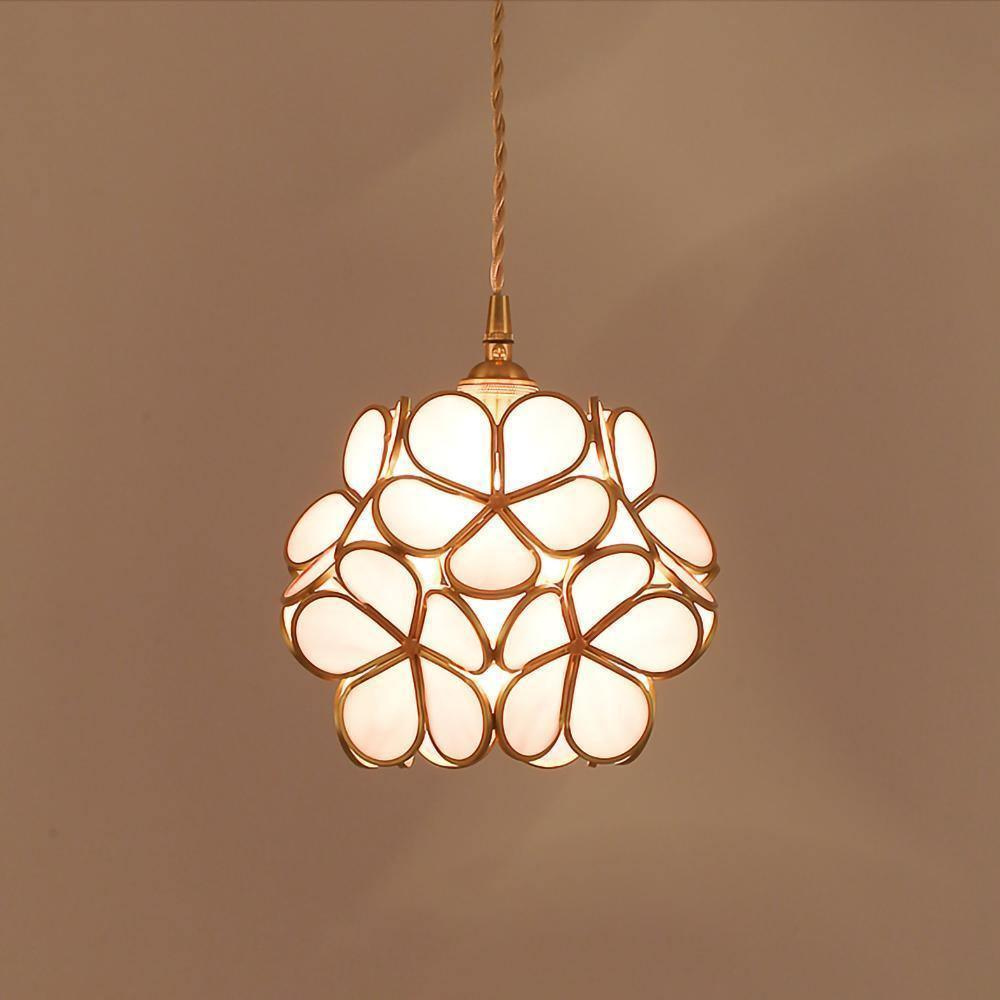 Floral Glass Hanging Lamp with Brass Hardware - Vintage Modern Art