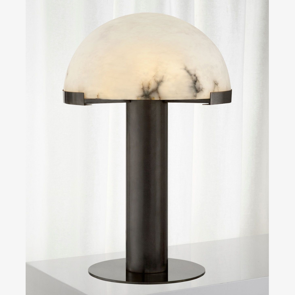 Glass and Alabaster Dome Table Lamp with Metal Base - Mid Century Modern