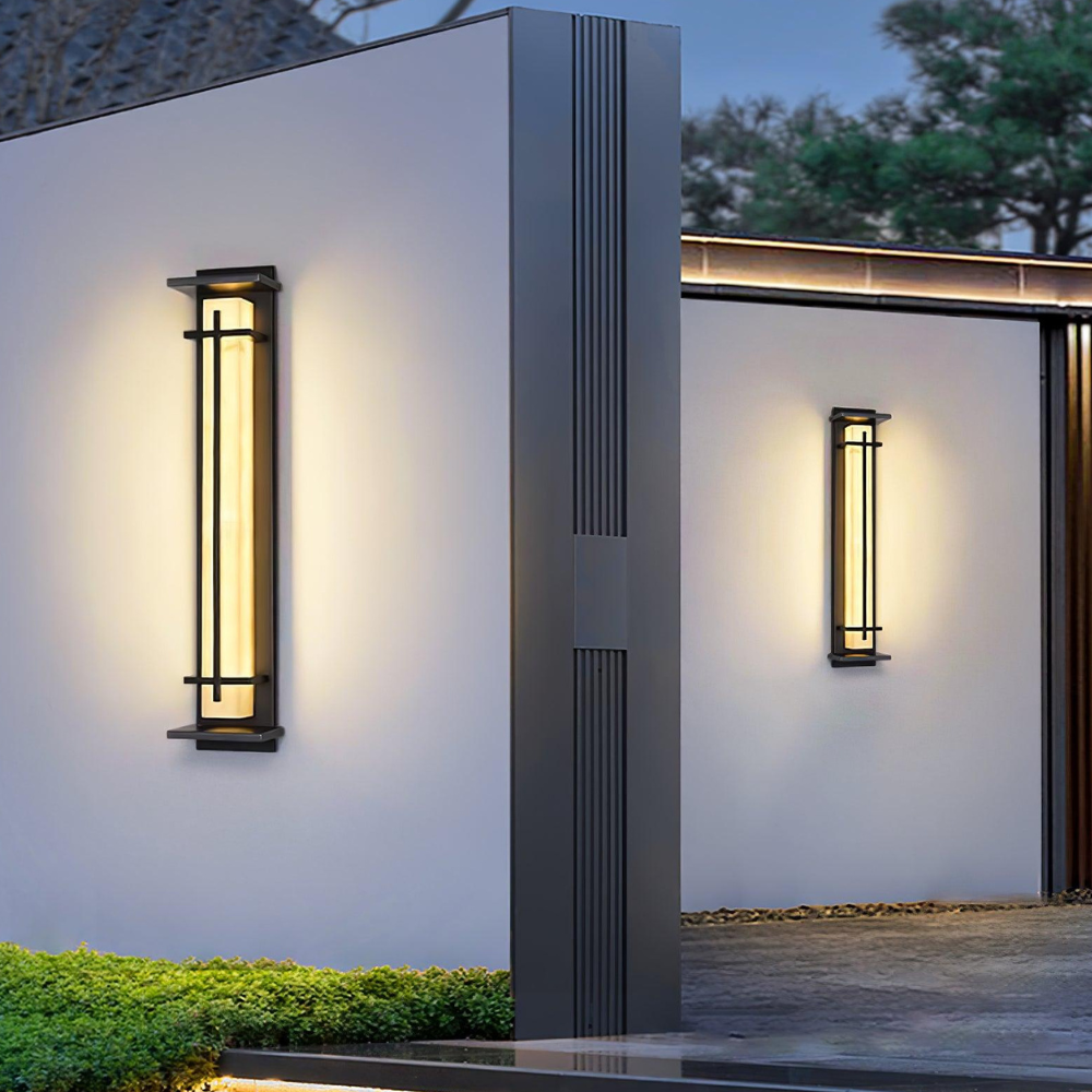 Outdoor LED Porch Lights with Faux Alabaster Column - Modern Mission