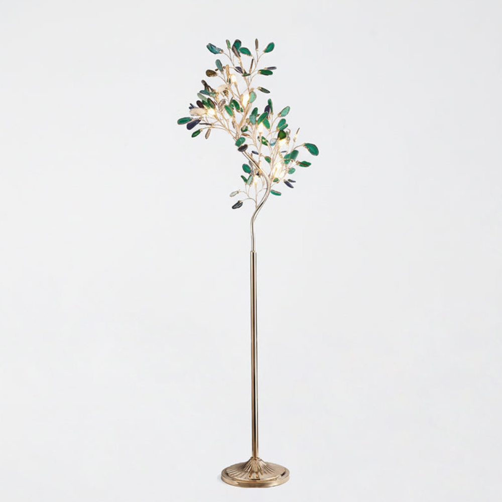 Floor Lamp with Natural Agate Stone Leaves and Metal Branching Frame