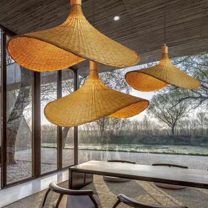 Woven Bamboo Sun Hat Pendant Light - Coastal Boho Decor