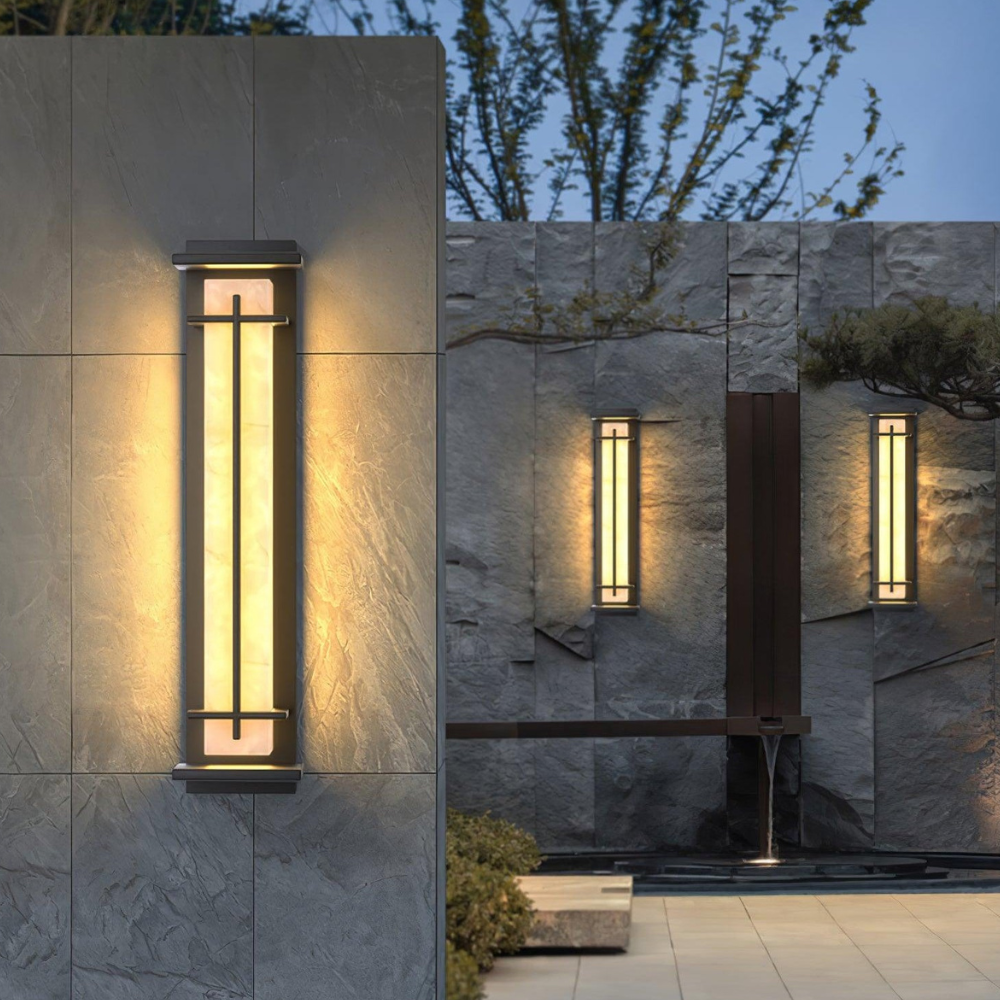 Outdoor LED Porch Lights with Faux Alabaster Column - Modern Mission