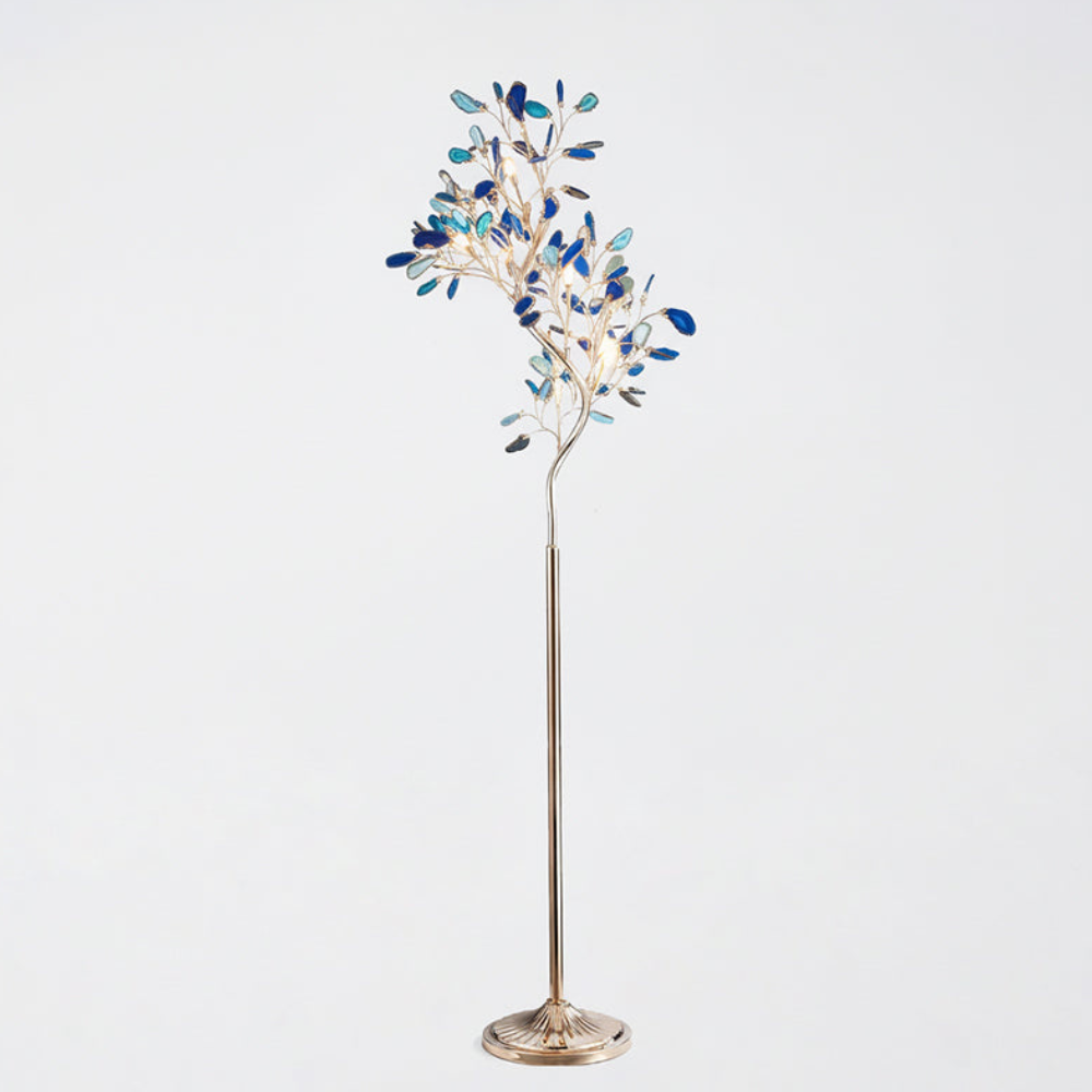 Floor Lamp with Natural Agate Stone Leaves and Metal Branching Frame
