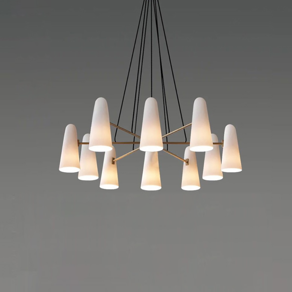 Chandelier with Conical Glass Shades and Metallic Frame - Modern Mid Century