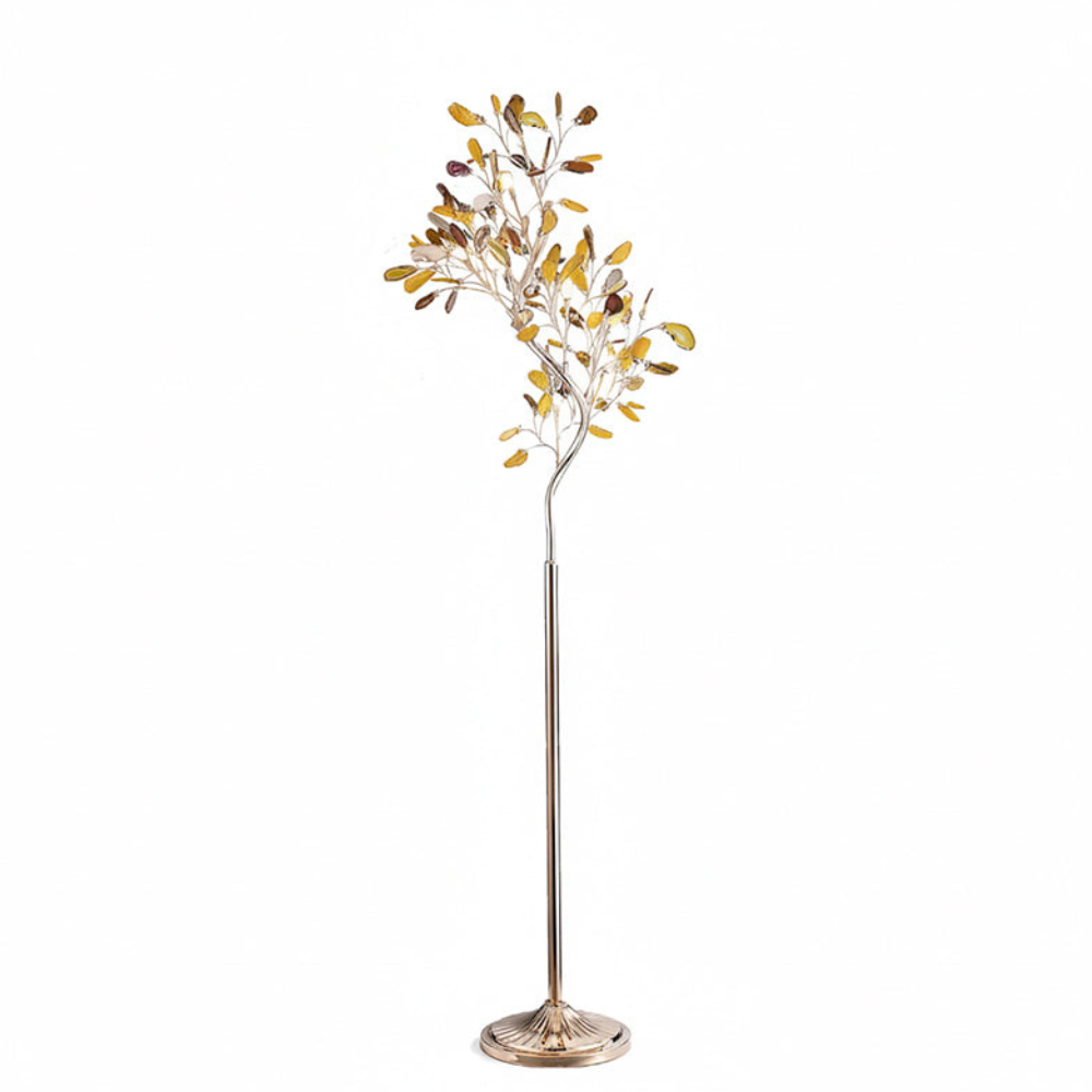 Floor Lamp with Natural Agate Stone Leaves and Metal Branching Frame