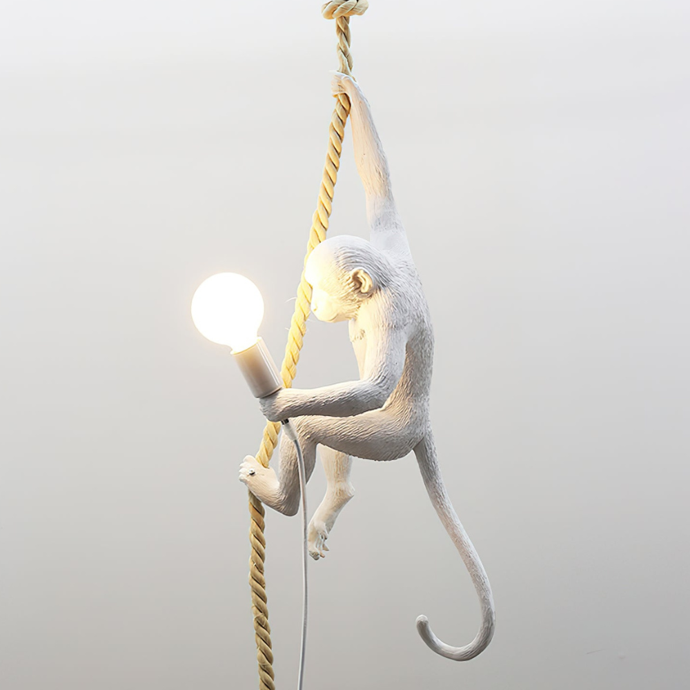 Whimsical Climbing Monkey Rope Pendant - Sculptural Animal Art Hanging Lamp