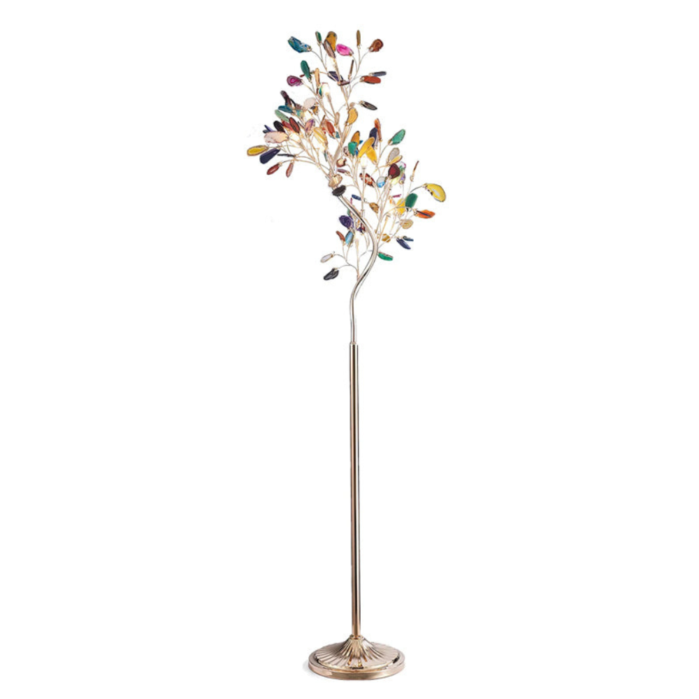 Floor Lamp with Natural Agate Stone Leaves and Metal Branching Frame