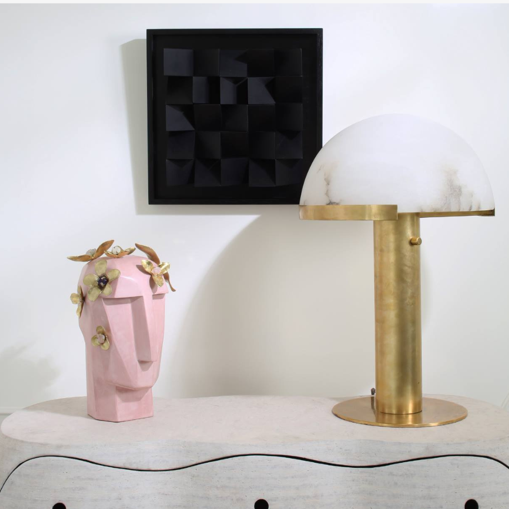 Glass and Alabaster Dome Table Lamp with Metal Base - Mid Century Modern