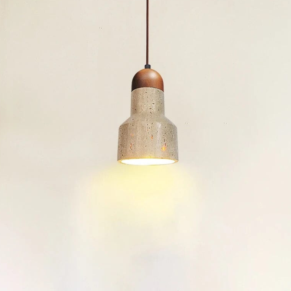 Wabi-Sabi Travertine Style Pendant Light with Solid Wood - Modern Earthy Decor