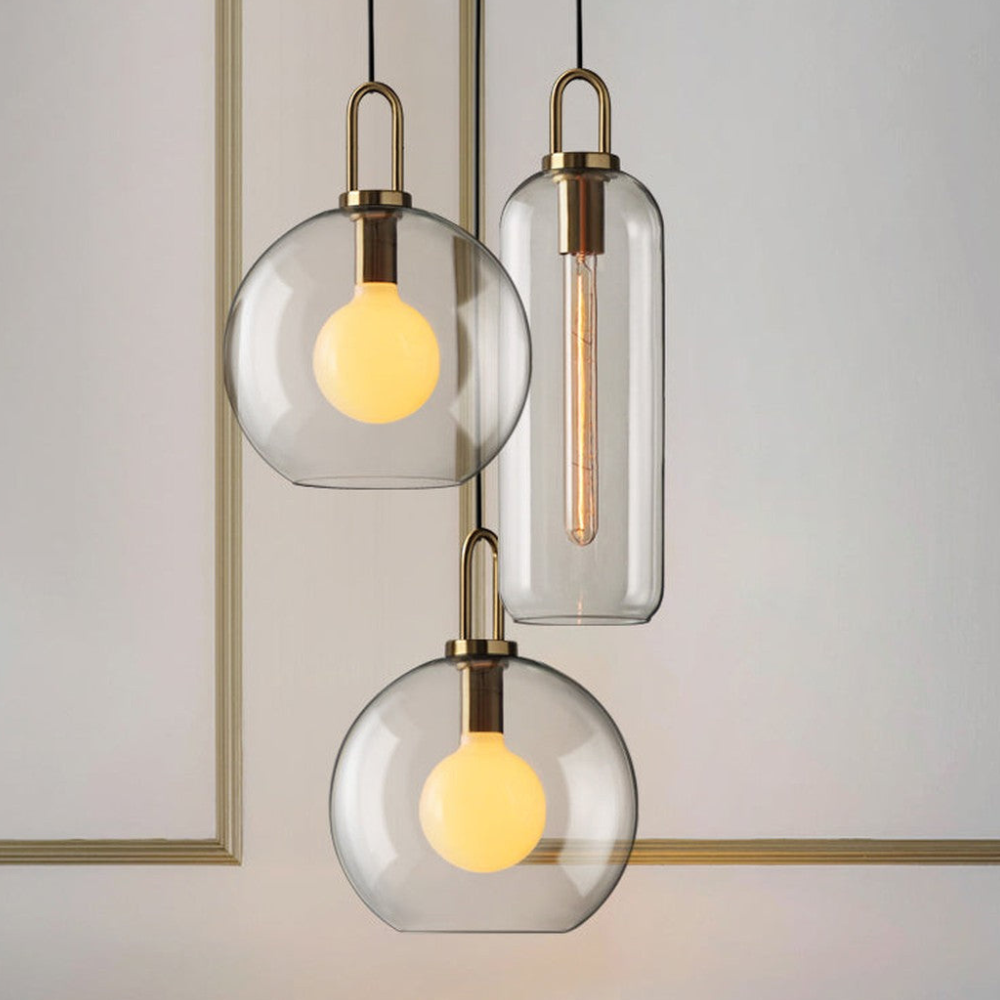 Globe and Capsule Glass Pendant Light with Brass Arch - Modern Style