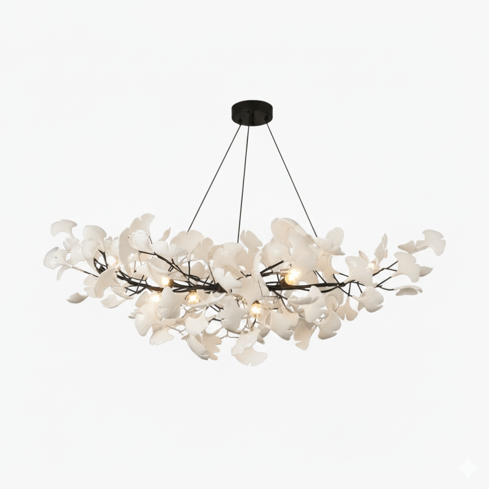 Sputnik Chandelier with Ceramic Ginkgo Leaves - Modern Art Deco