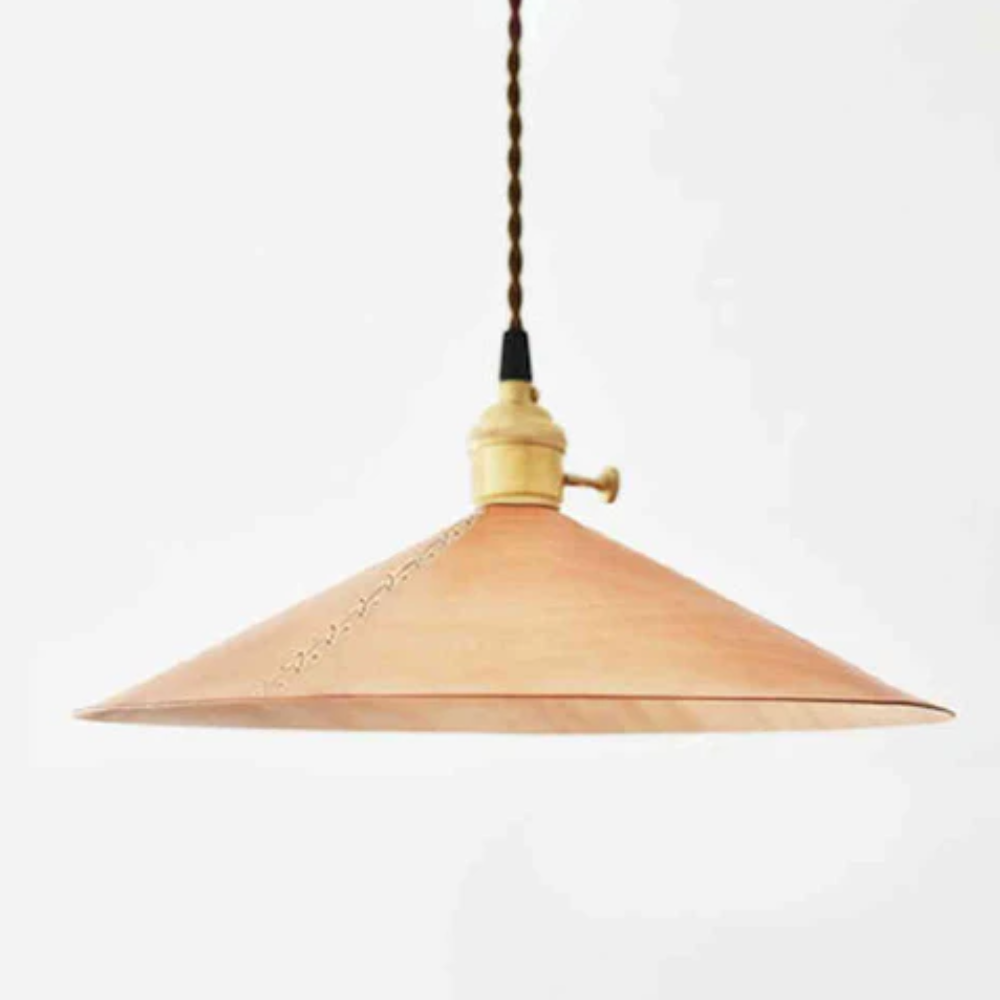Modern Calf Leather Cone Pendant Light - Hand-Stitched Artisanal Hanging Lamp