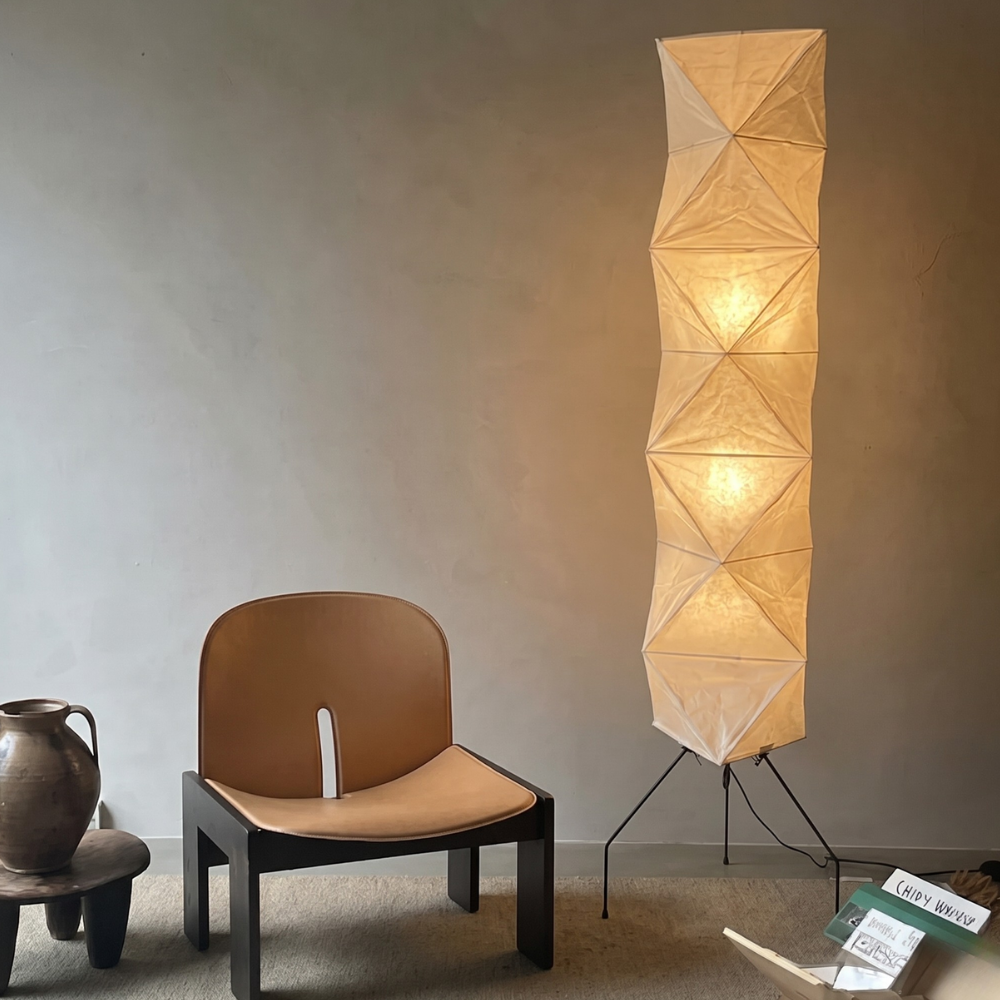 led floor lamp with Origami Rice Paper Shade - Japandi Sculptural Style