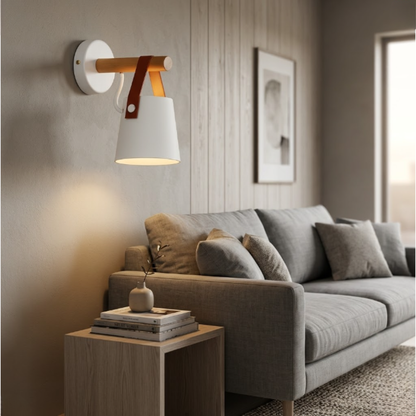 Nordic Leather Strap Wall Sconce with Wood Arm - Modern Conical Hanging Light