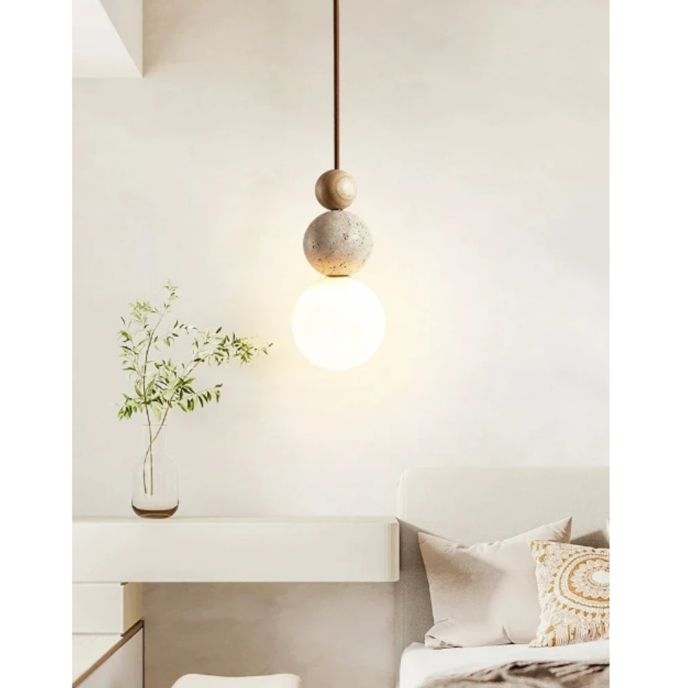 Wabi-Sabi Stacked Sphere Pendant Light - Travertine Stone, Wood, and Glass