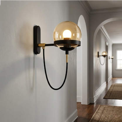 Mid-Century Glass Globe Wall Sconce - Industrial Orb Light with Curved Cord