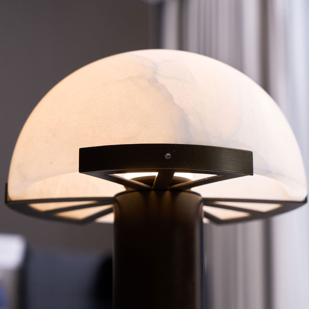 Glass and Alabaster Dome Table Lamp with Metal Base - Mid Century Modern