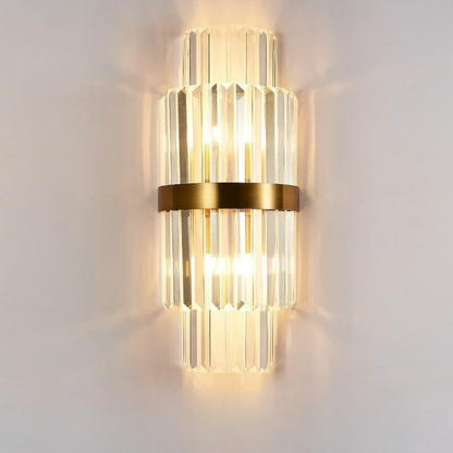 Tiered Crystal Prism Wall Sconce with Metallic Band - Art Deco Style