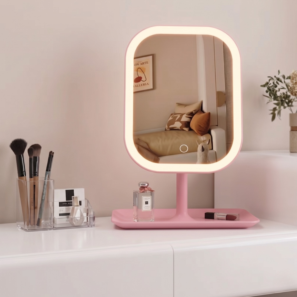 Rechargeable makeup mirror with Integrated Storage Tray - Modern Minimalist