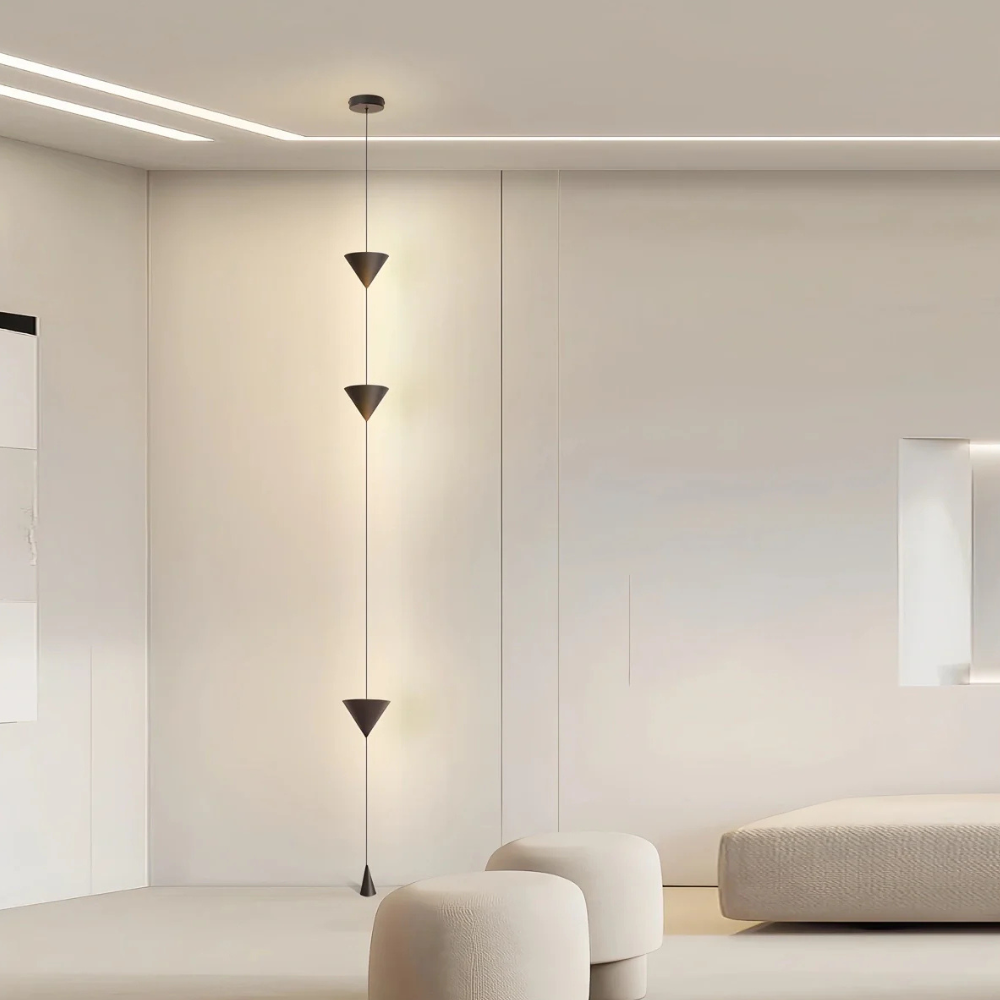 Adjustable Floor Lamp with Floor-to-Ceiling Cable and Geometric Cones - High Modern